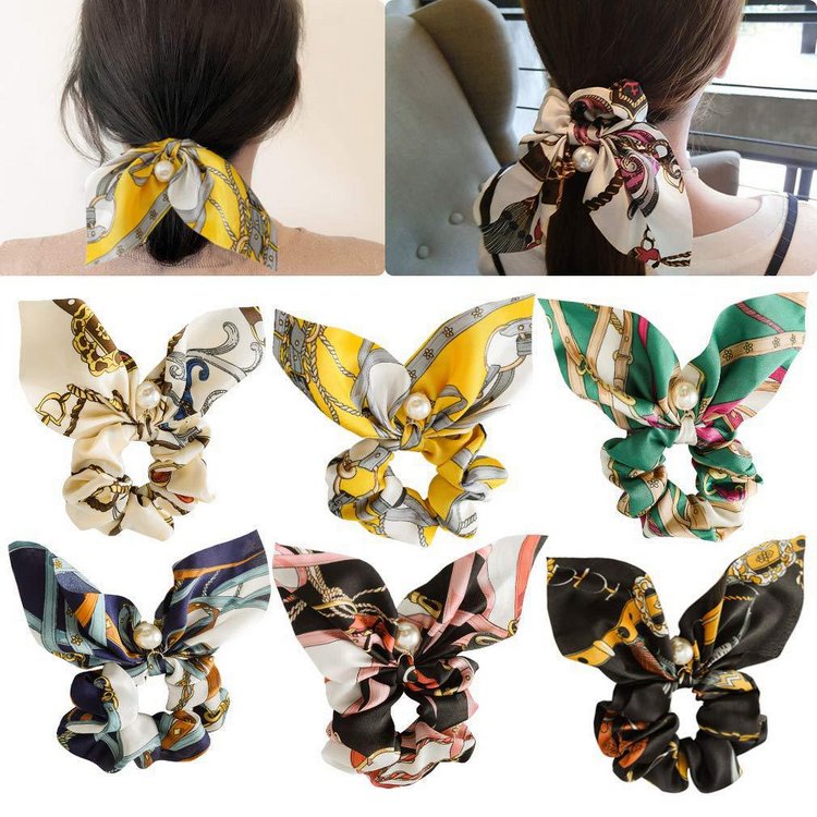 Ribbons Scarf Tail Hair Scrunchies with Pearl, Fabric Bow Scrunchie Hair Accessories for Girls Women