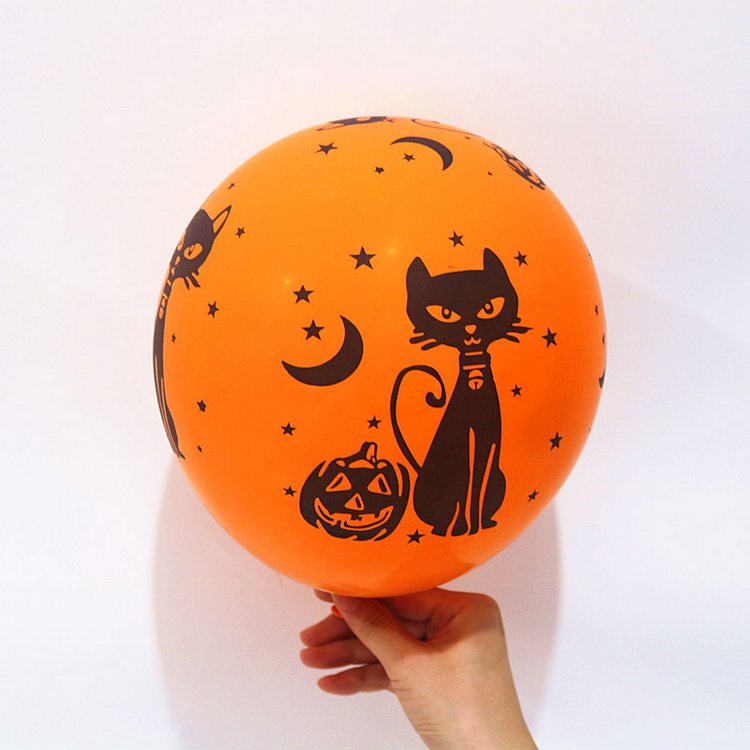 Halloween Helium Latex Balloons 10 inch Yellow Round Balloons with Black Cat Printed Halloween Party Supplies